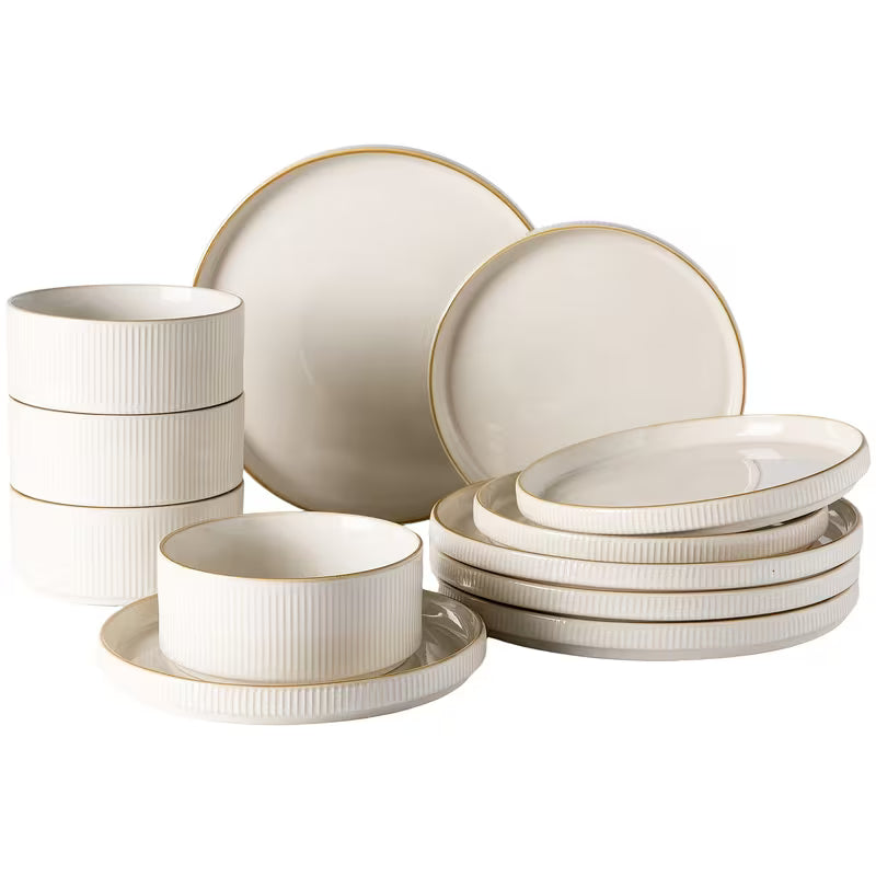 12-Piece Cappuccino White Stoneware Dinnerware Set