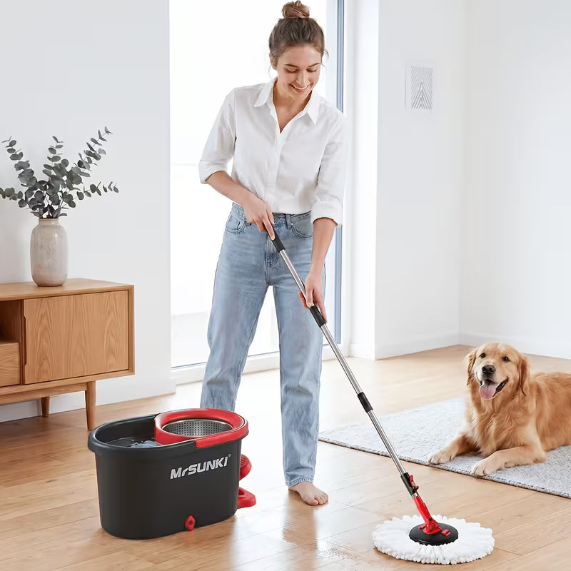 360° Spin Mop and Bucket Cleaning Set with 3 Microfiber Heads, Adjustable 59-Inch Stainless Steel Handle & 30 Disposable Floor Pads