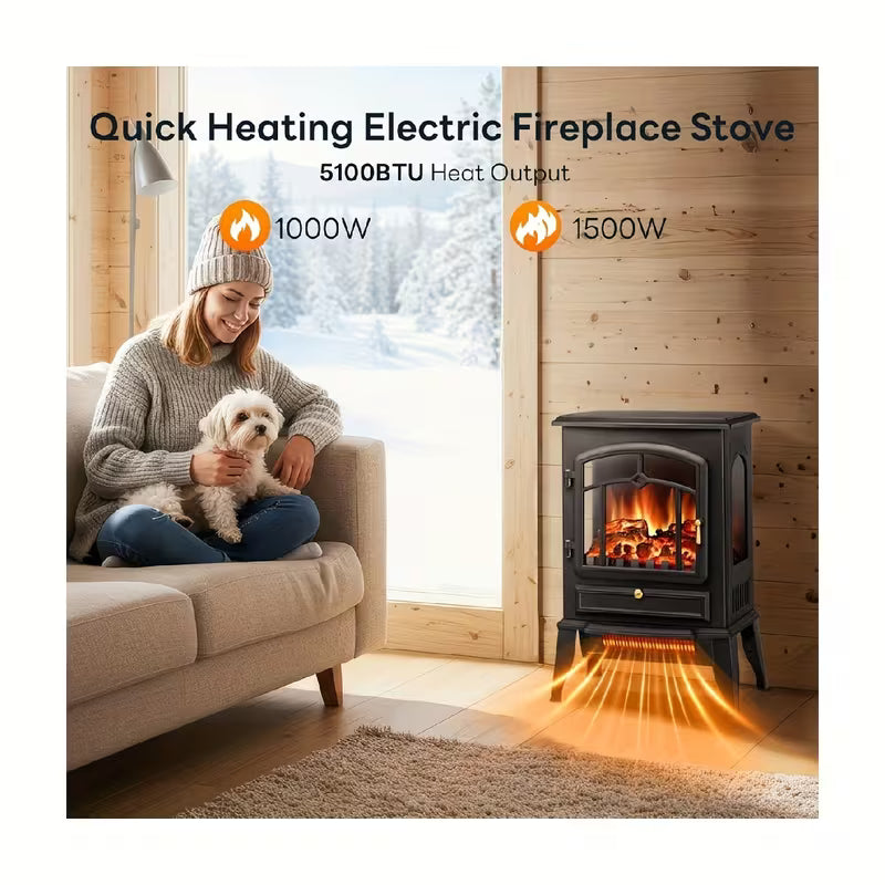 Portable Electric Fireplace Stove Heater, 5100 BTU, 1000W/1500W Adjustable Heat, Thermostat & Realistic Flame Effect