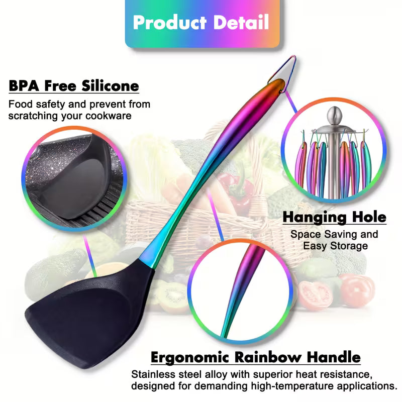17-Piece Titanium & Silicone Kitchen Utensil Set with Holder – Heat-Resistant Non-Stick Cooking Tools with Stainless Steel Handles