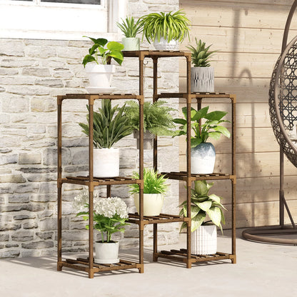 Wood Plant Stand 8 Pots Tiered Plant Shelf Indoor Outdoor Ladder Plant Rack with Hanging Design for Living Room Patio Balcony Garden
