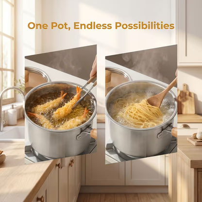 304 Stainless Steel Deep Fryer Pot with Frying Basket & Handle – Japanese-Style Frying Pan for Induction & Gas Stoves