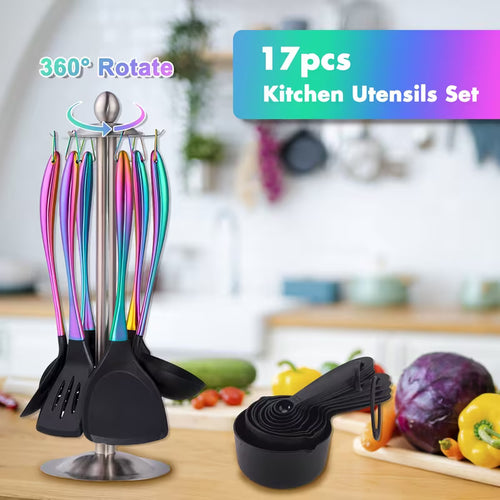 17-Piece Titanium & Silicone Kitchen Utensil Set with Holder – Heat-Resistant Non-Stick Cooking Tools with Stainless Steel Handles