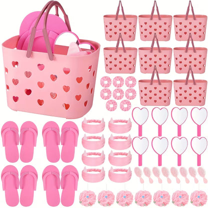 8 Sets Spa Party Supplies & Favors with Heart Mirror, Headband, Satin Hair Scrunchies, Hair Brush, Loofah and Disposable Slippers