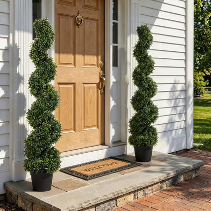 Set of 2 Artificial Boxwood Spiral Topiary Trees – Realistic Green Decorative Plants for Indoor & Outdoor Spaces