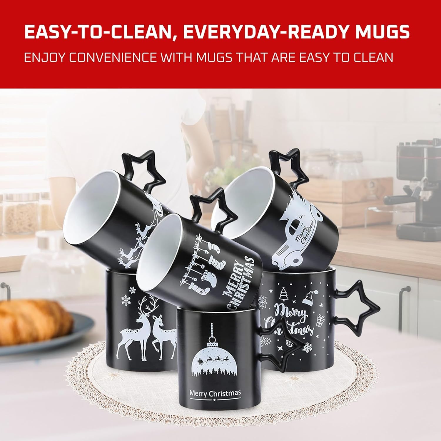 Black Coffee Mugs with Star Handle - Set of 6 Large 14 Ounce New Year Holidays Novelty Cups - Decorative DIY Mugs for Hot Chocolate Gift Sets