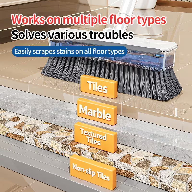 Extendable Long-Handle Floor Scrub Brush with Built-In Liquid Reservoir, Stiff Bristles & Flexible Squeegee for Bathroom, Tile & Floor Cleaning