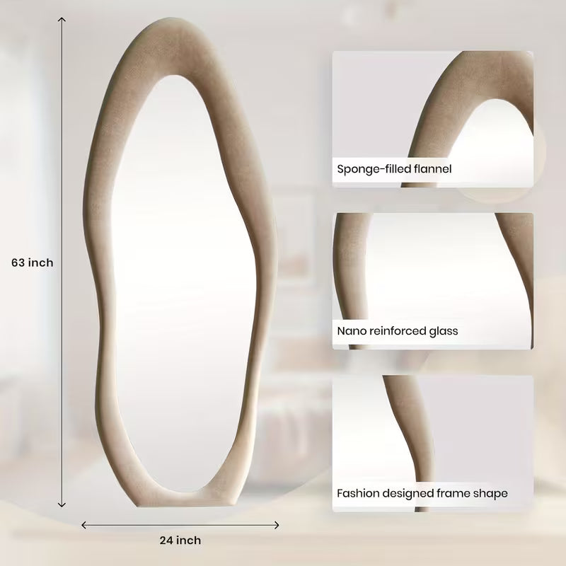 63" x 24" Irregular Full-Length Mirror – Full Body Floor & Wall-Mounted Mirror with Ivory Flannel Frame