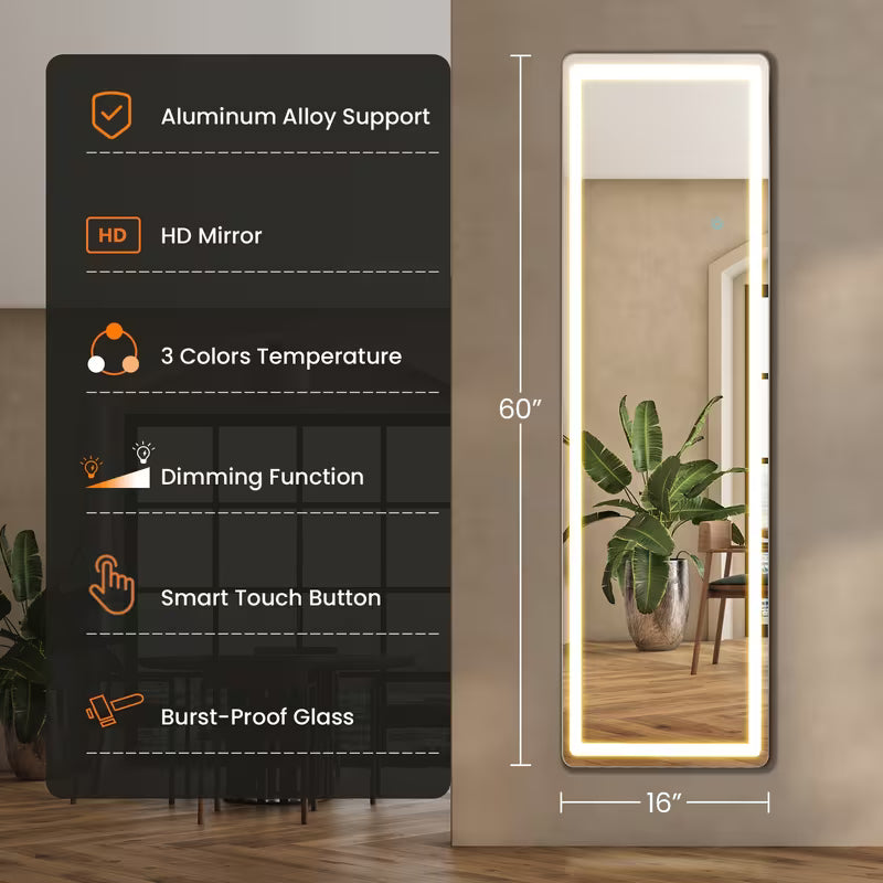 LED Full-Length Mirror with Lights – Full Body Standing & Wall-Mounted Dressing Mirror