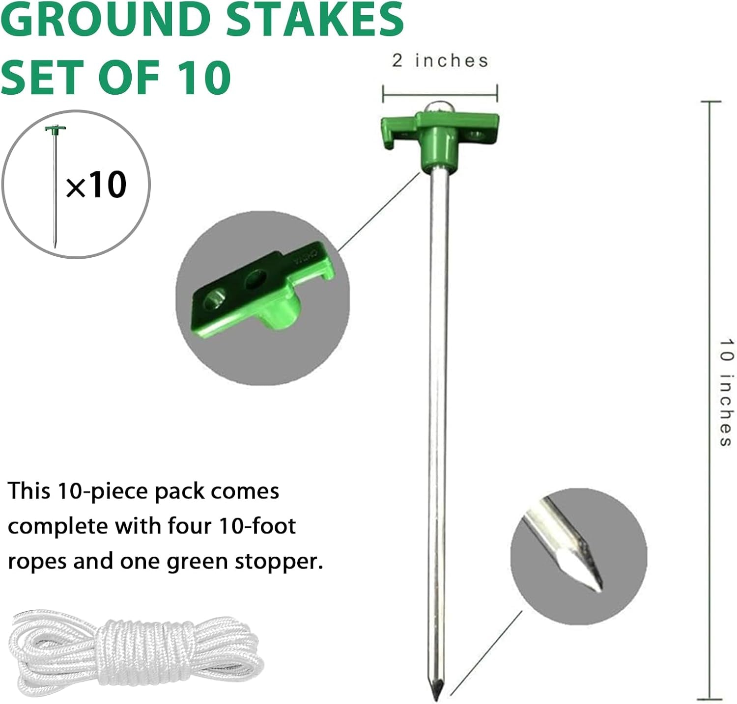 USA 10-Pack Secure Protection Galvanized Tent Stakes,Rust-Proof Steel Canopy Anchors for High Winds,Heavy Duty Commercial Ground Pegs for Camping,Pop up Tents&Gazebos - Includes 4X10Ft Ropes