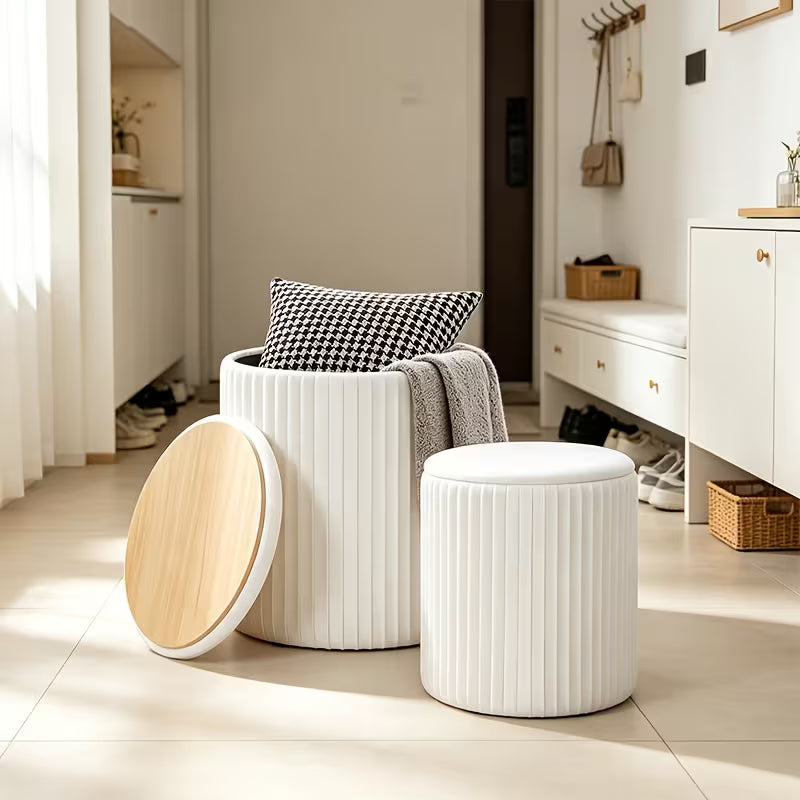 2-Piece Modern Bohemian Round Storage Stools with Hidden Shoe Storage
