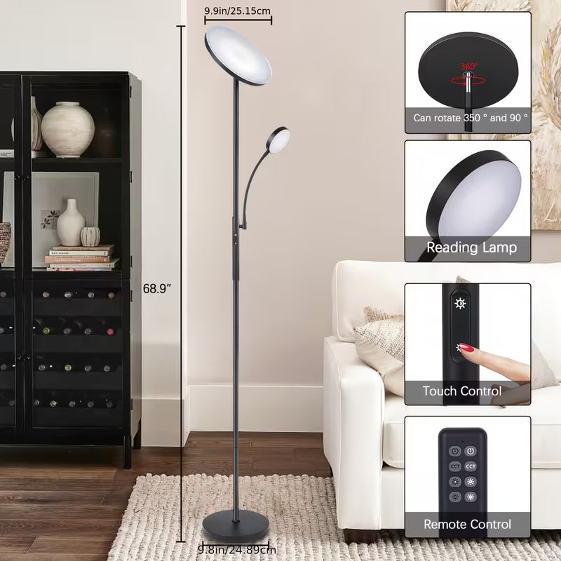 LED Floor Lamp with Reading Light – 27W 2300LM + 7W 350LM, Dimmable Standing Lamp with Remote & Touch Control