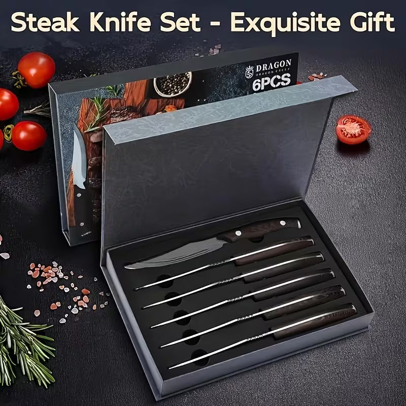6-Piece 5-Inch Serrated Steak Knife Set with Wooden Handles, Stainless Steel Dinner Knives in Gift Box