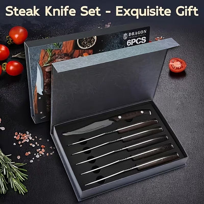 6-Piece 5-Inch Serrated Steak Knife Set with Wooden Handles, Stainless Steel Dinner Knives in Gift Box