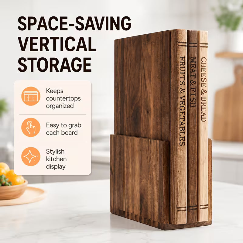 3-Piece Acacia Wood Cutting Board Set with Stand – Decorative Book-Style Chopping Boards for Kitchen