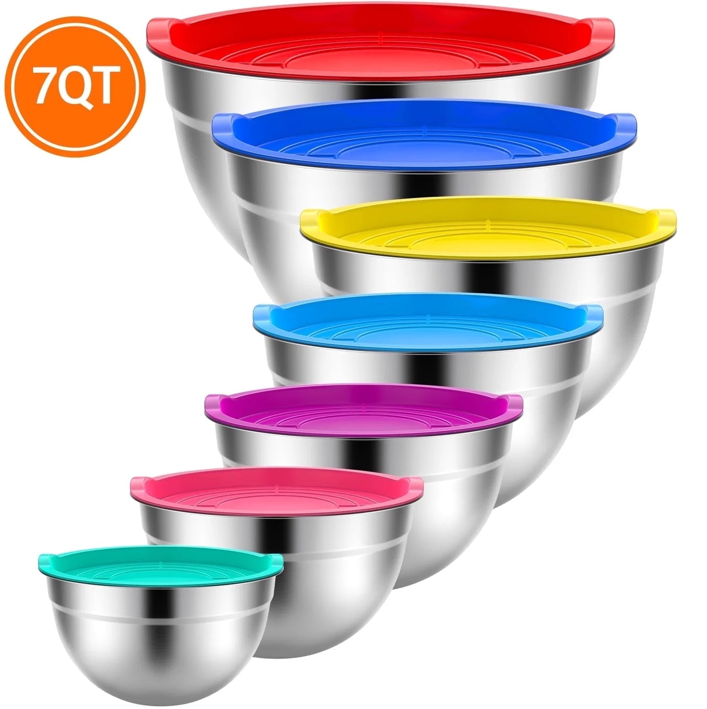 7 Pack Stainless Steel Mixing Bowls with Lids, Nesting Kitchen Prep and Food Storage Bowls Set, up to 7 Qt, Dishwasher Safe, Color