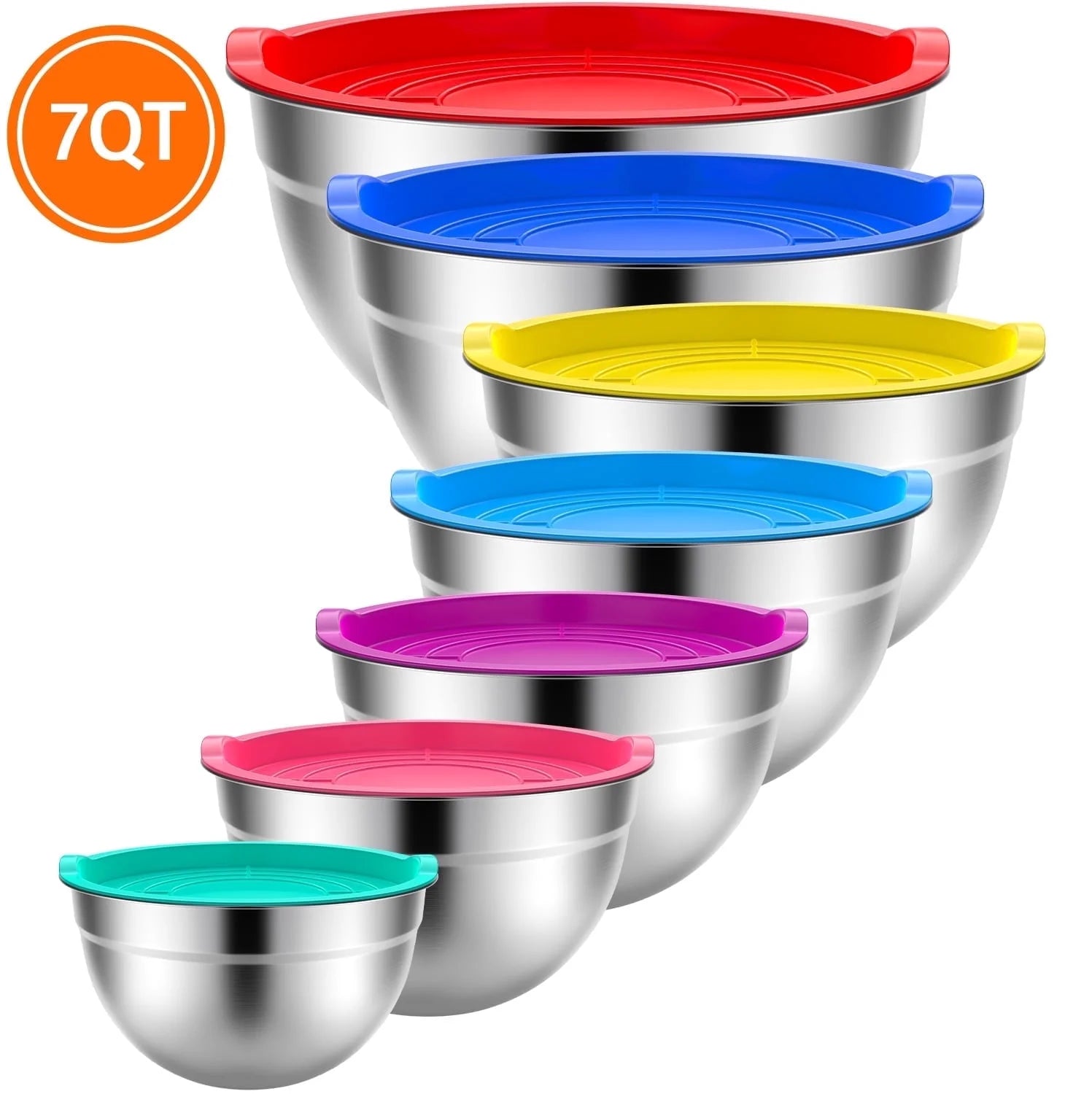 7 Pack Stainless Steel Mixing Bowls with Lids, Nesting Kitchen Prep and Food Storage Bowls Set, up to 7 Qt, Dishwasher Safe, Color