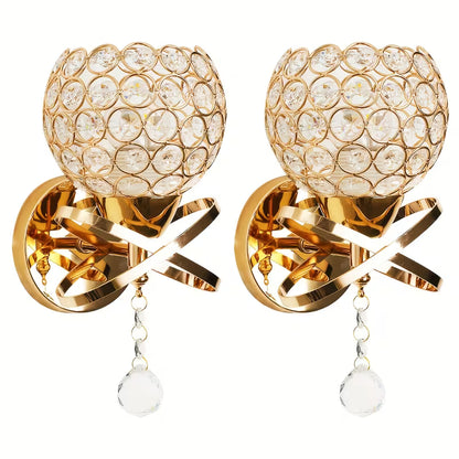 Set of 2 Elegant Gold Crystal Wall Sconces, Modern Hardwired E26 Wall Lights with Bulbs Included for Bedroom, Living Room & Hallway