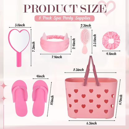 8 Sets Spa Party Supplies & Favors with Heart Mirror, Headband, Satin Hair Scrunchies, Hair Brush, Loofah and Disposable Slippers