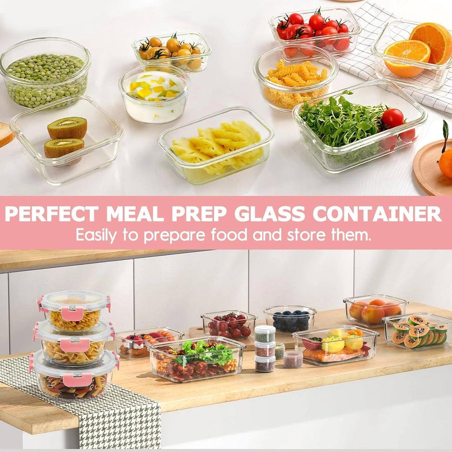 34Pcs Glass Food Storage Containers with Lids Set, Airtight Meal Prep Containers (17 Containers & 17 Lids), Pink