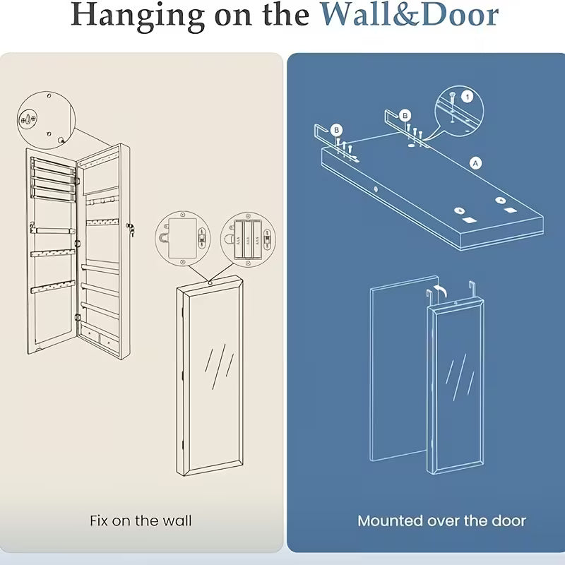 47.2-Inch Wall-Mounted Jewelry Cabinet with Mirror & LED Lights