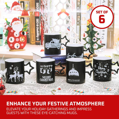 Black Coffee Mugs with Star Handle - Set of 6 Large 14 Ounce New Year Holidays Novelty Cups - Decorative DIY Mugs for Hot Chocolate Gift Sets