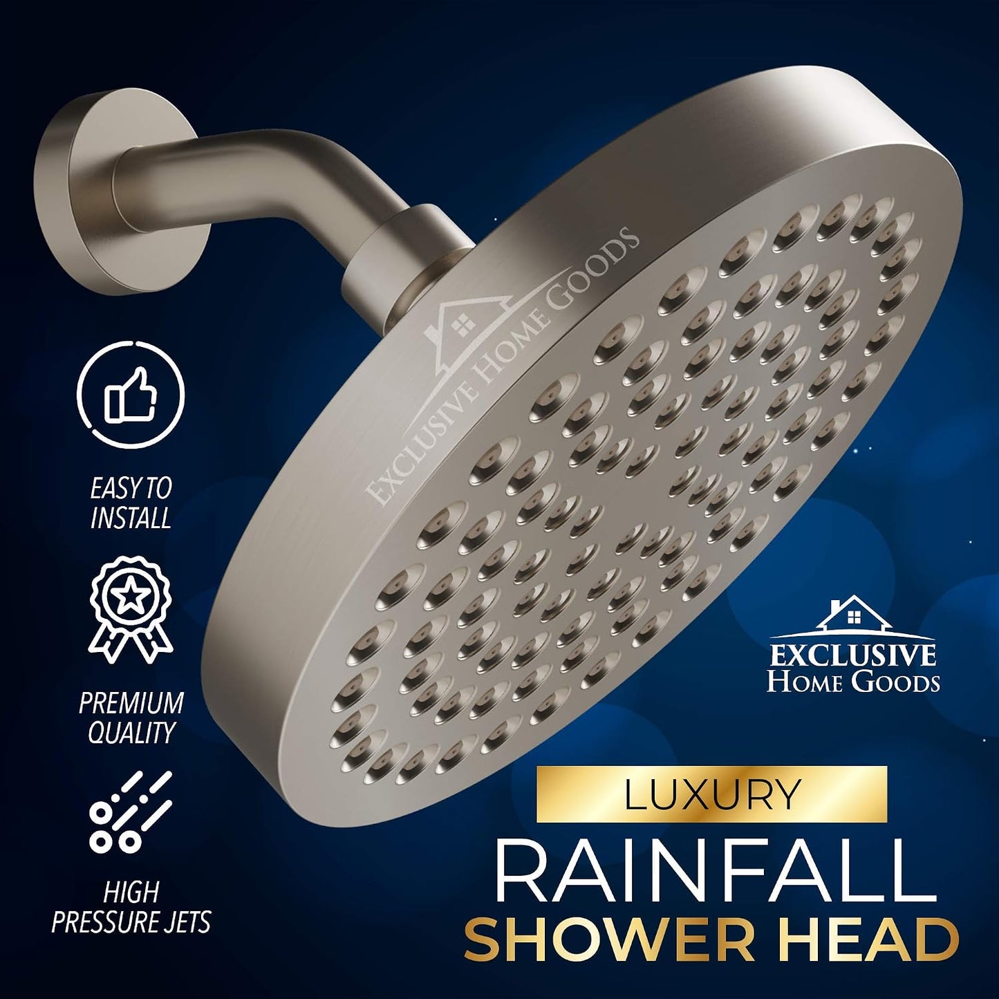 Rainfall Shower Head - 6" High Pressure, 1.8 GPM, Chrome Finish, ABS Plastic, 360 Adjustable, Anti-Clog Rubber Jets