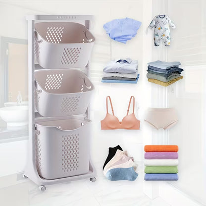 Modern Rolling Laundry Basket with Wheels – Multi-Layer Laundry Hamper & Bathroom Storage Organizer
