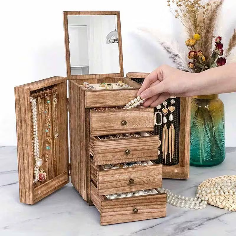 5-Layer Jewelry Storage Box with Mirror, Rustic Wooden Jewelry Organizer for Rings, Earrings & Necklaces