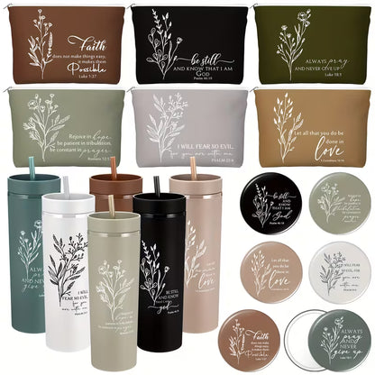 6-Piece Christian Gift Set for Women, Bible Verse Skinny Tumbler with Lid and Straw, Cosmetic Bag, Compact Mirror and Religious Accessories, Inspirational Gift Set for Mom, Teacher, Nurse, Godmother and Church Friends