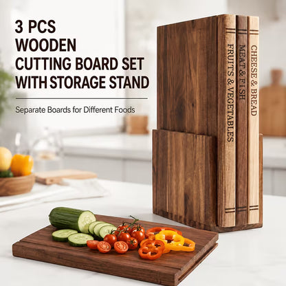 3-Piece Acacia Wood Cutting Board Set with Stand – Decorative Book-Style Chopping Boards for Kitchen
