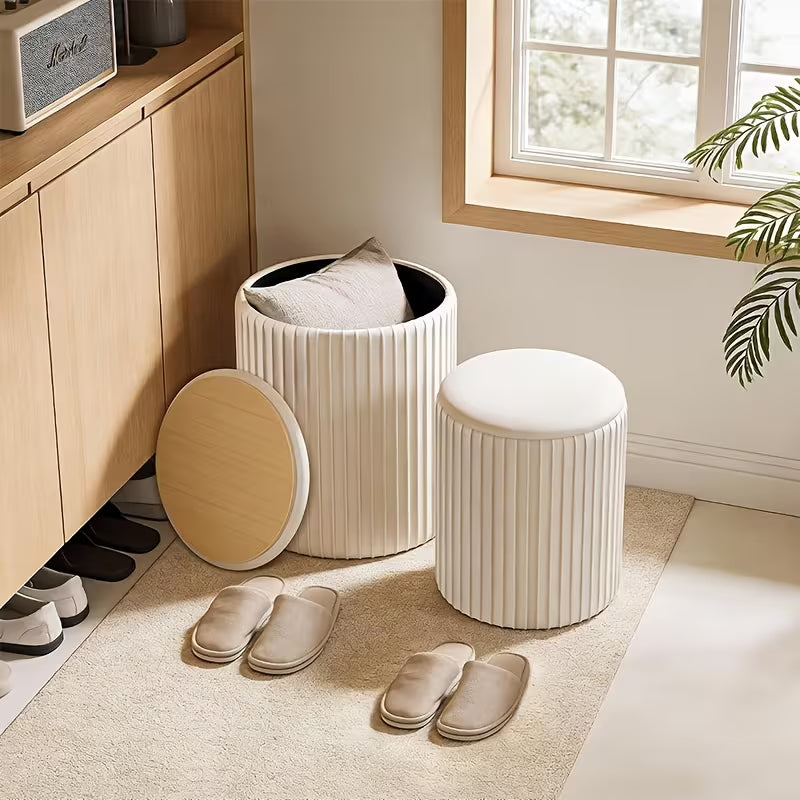 2-Piece Modern Bohemian Round Storage Stools with Hidden Shoe Storage