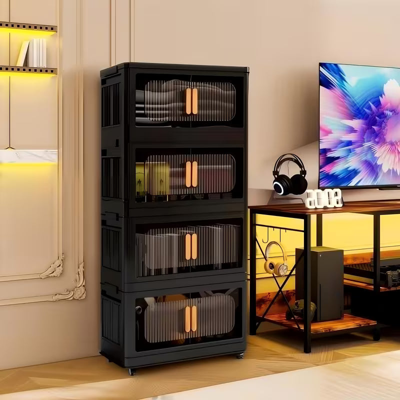 4-Tier / 5-Tier Collapsible Storage Organizer with Double Doors, Stackable Plastic Storage Cabinet on 360° Rotatable Lockable Wheels