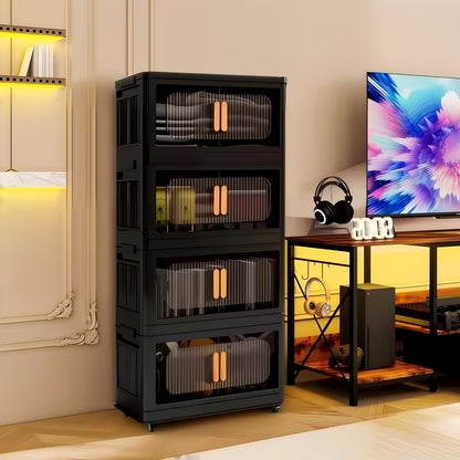 4-Tier / 5-Tier Collapsible Storage Organizer with Double Doors, Stackable Plastic Storage Cabinet on 360° Rotatable Lockable Wheels
