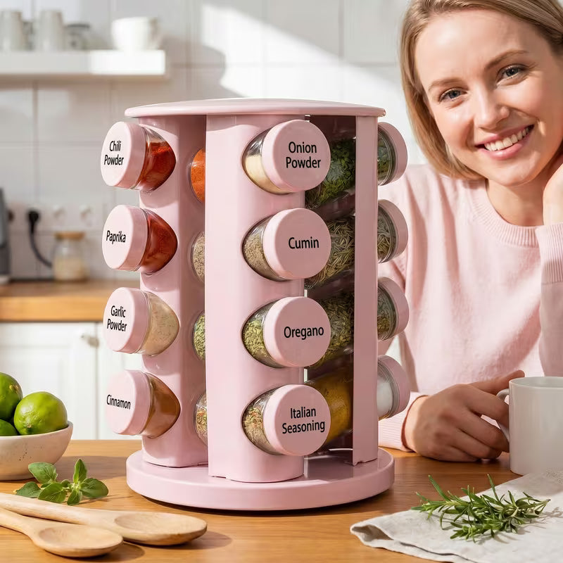 16-Jar Rotating Spice Rack Organizer with Labels & Funnel