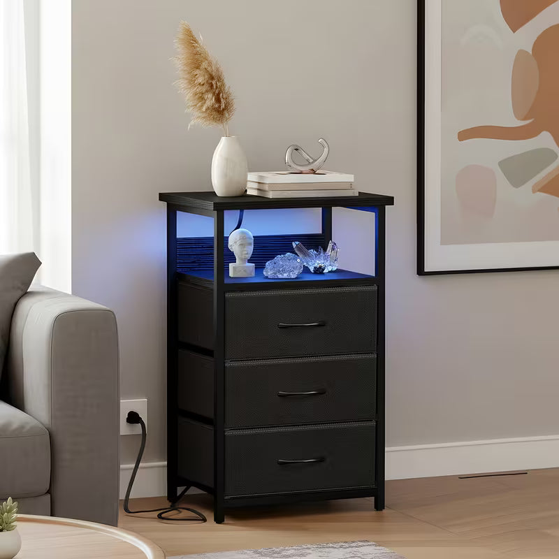Nightstand with Charging Station, 3 Drawers & Storage Shelf