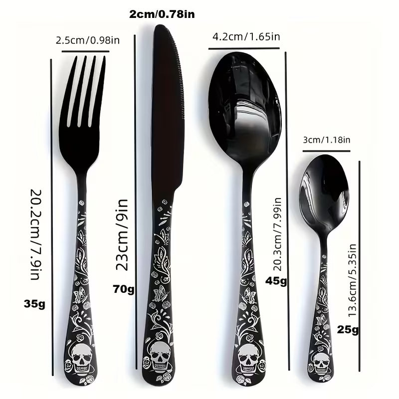 Gothic Skull & Rose Stainless Steel Flatware Set – 16/24-Piece Cutlery Service for 4 or 6