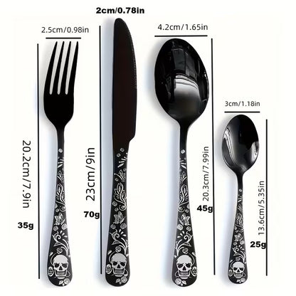 Gothic Skull & Rose Stainless Steel Flatware Set – 16/24-Piece Cutlery Service for 4 or 6