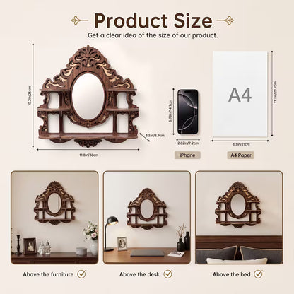 Wall-Mounted Shelf with Mirror, Multi-Functional Crystal Display Organizer, Space-Saving Wooden Wall Décor for Entryway & Bathroom