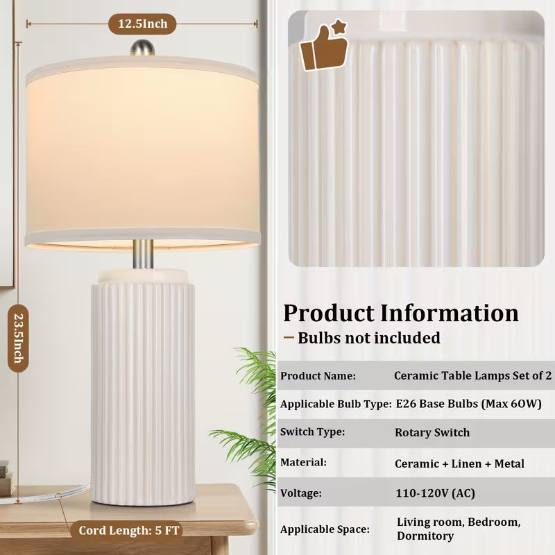 Set of 2 Ceramic Table Lamps with White Linen Shades – Vintage Rustic Bedside Lamps
