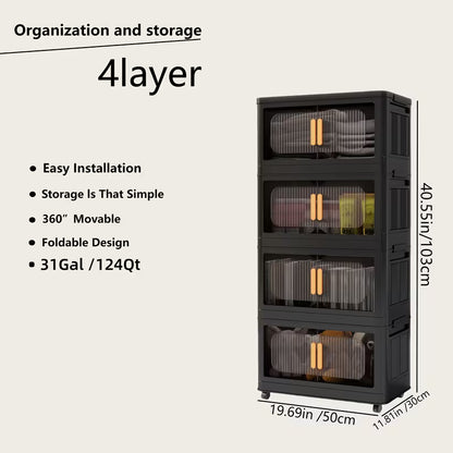 4-Tier / 5-Tier Collapsible Storage Organizer with Double Doors, Stackable Plastic Storage Cabinet on 360° Rotatable Lockable Wheels