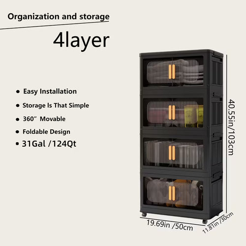 4-Tier / 5-Tier Collapsible Storage Organizer with Double Doors, Stackable Plastic Storage Cabinet on 360° Rotatable Lockable Wheels