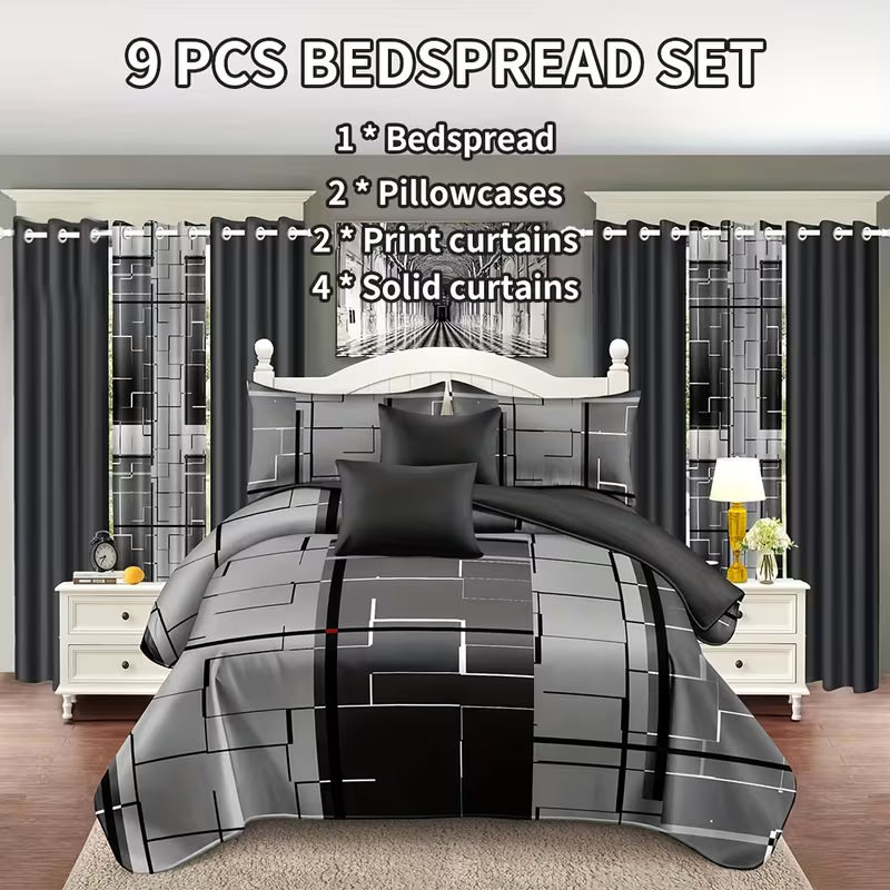9-Piece Grey Bedding Set with Matching Curtains – Queen, King & California King Sizes