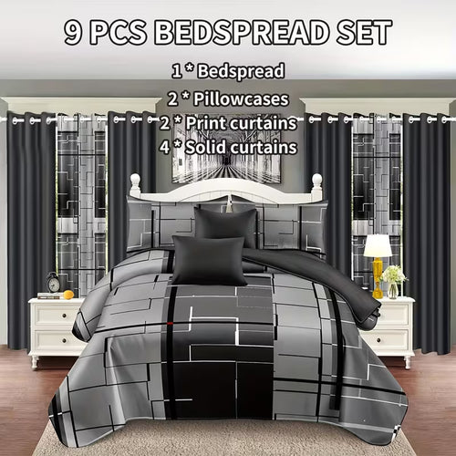 9-Piece Grey Bedding Set with Matching Curtains – Queen, King & California King Sizes