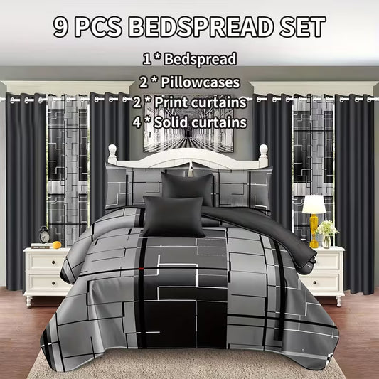 9-Piece Grey Bedding Set with Matching Curtains – Queen, King & California King Sizes