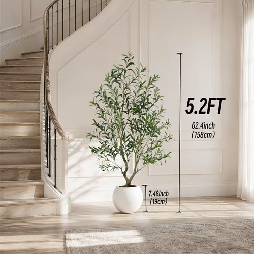 5–8 FT Artificial Olive Tree with White Round Planter – Lifelike Faux Indoor Floor Plant for Home & Office Décor