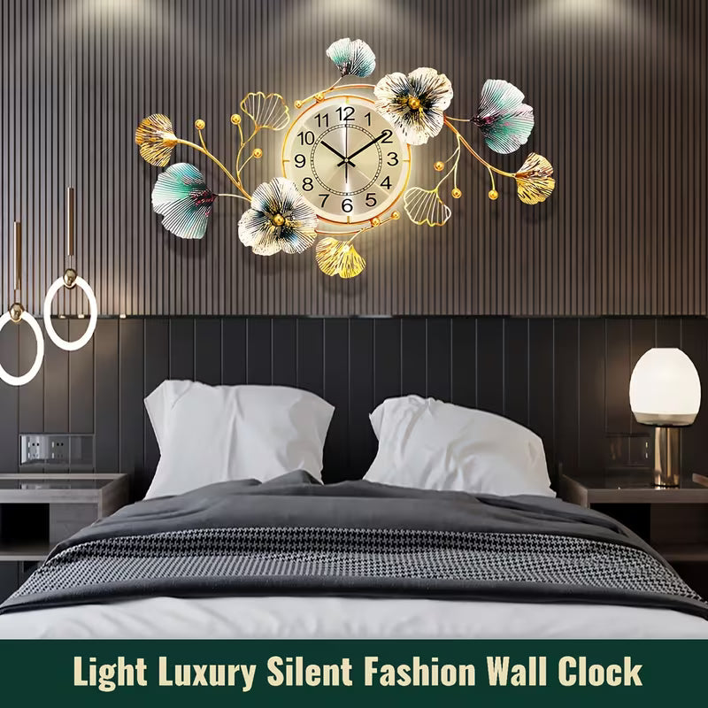 3D Ginkgo Leaf Metal Wall Clock – Large Silent Decorative Clock, 37 × 20 Inches