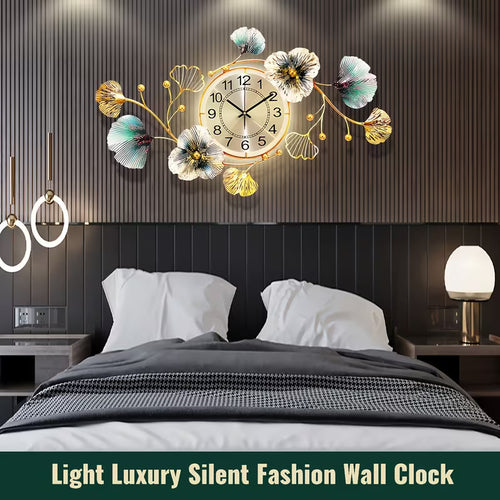 3D Ginkgo Leaf Metal Wall Clock – Large Silent Decorative Clock, 37 × 20 Inches