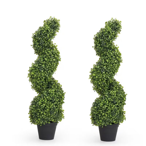 Set of 2 Artificial Boxwood Spiral Topiary Trees – Realistic Green Decorative Plants for Indoor & Outdoor Spaces