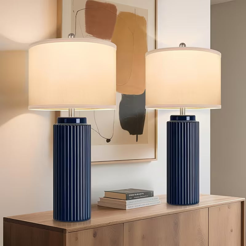 Set of 2 Ceramic Table Lamps with White Linen Shades – Vintage Rustic Bedside Lamps